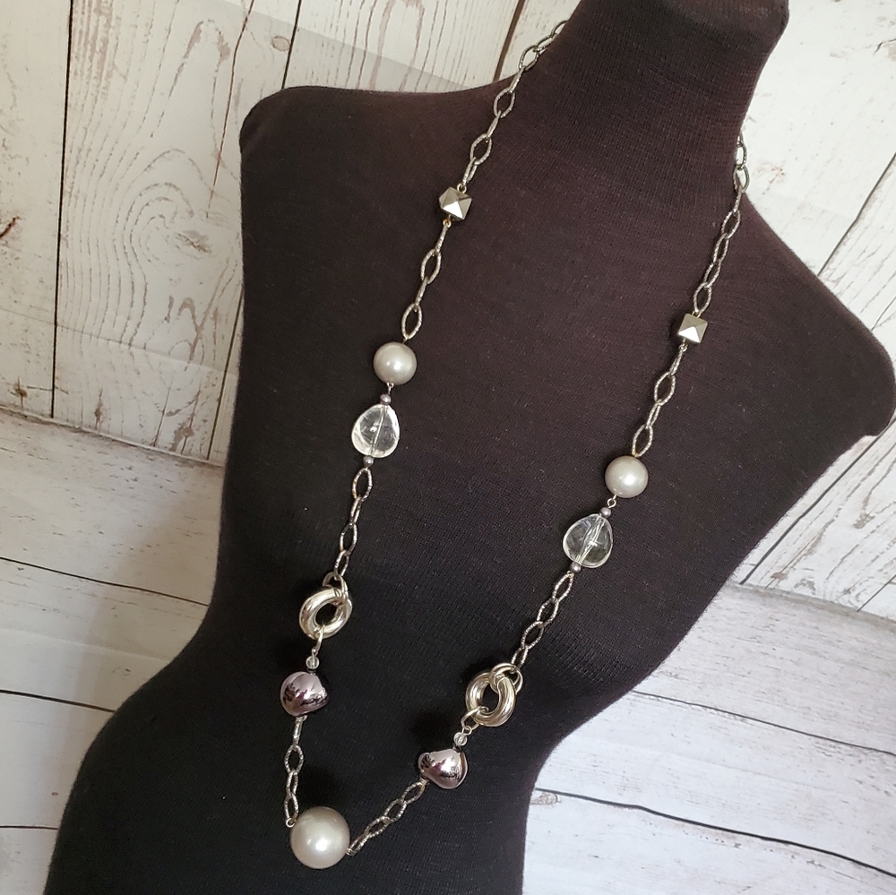 Silvertone bold faux pearl and geometric bead necklace 39 inches long